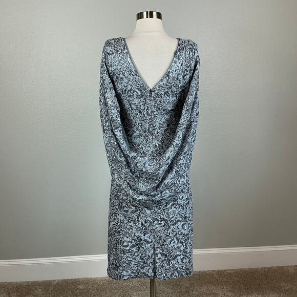 Betsy & Adam Sequined Lace Cocktail Dress Size 8 Blue Draped Back Midi Sheath - Picture 2 of 14